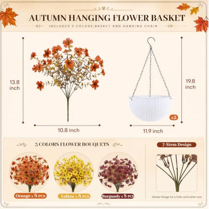 Fall Hanging Flower Baskets with Artificial Flowers - Outdoor Decor Set