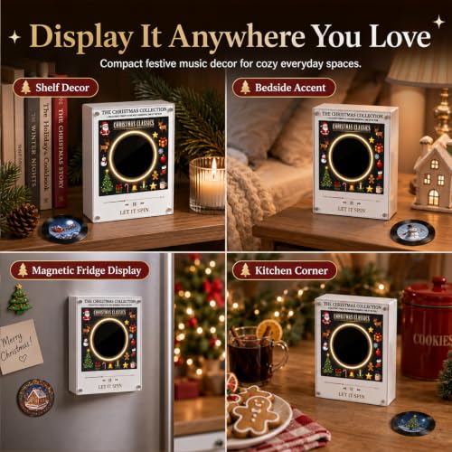 Magnetic Refrigerator Music Player with 9 Vinyl Discs, Custom MP3 Upload, LED Light, Christmas Decor