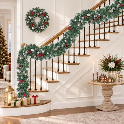 9FT Pre-Lit Christmas Garland with Lights, Realistic Greenery & Red Berries - 1 Pcs