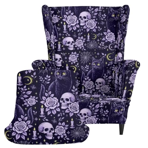Halloween Skull Floral Wingback Chair Cover Set - 2 Piece Slipcover for Furniture Protection & Decor