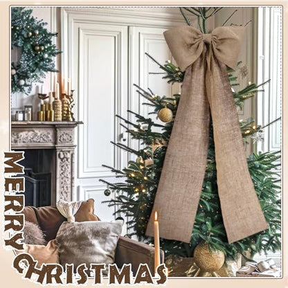 Giant Burlap Christmas Tree Topper Bow - Rustic Holiday Decor