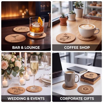 Round Personalized Cork Coasters - Custom Laser Engraved Logo, Name or Text, 4 Inch Set for Weddings & Events