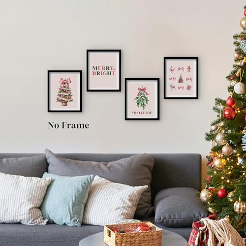 Christmas Tree Wall Art Prints Set of 4 - Pink & Green Mistletoe Decor for Girls Room, 8x10 Unframed