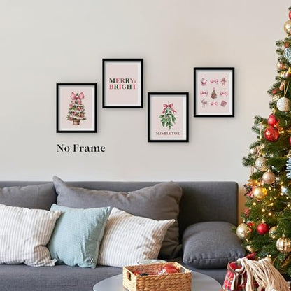 Christmas Tree Wall Art Prints Set of 4 - Pink & Green Mistletoe Decor for Girls Room, 8x10 Unframed