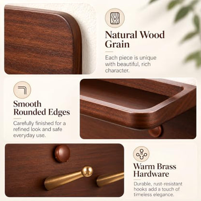 Solid Wood Wall Key Holder with Brass Hooks & Hidden Magnets, Organize Entryway