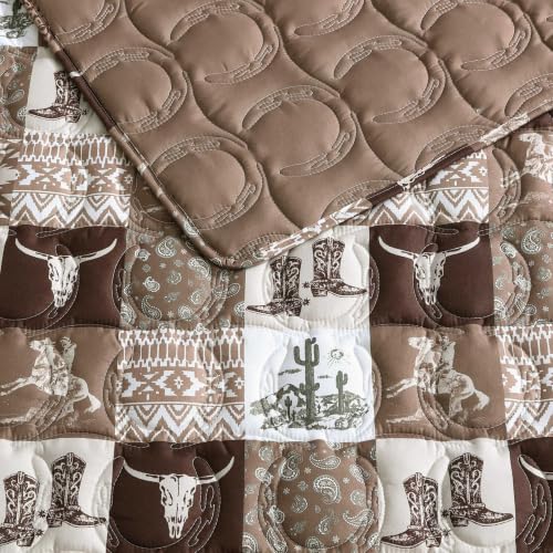 Queen Reversible Quilt Set with Matching Shams - Western Patch Design, Fall Brown