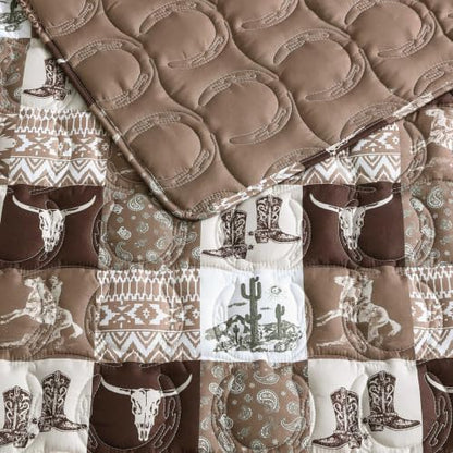 Queen Reversible Quilt Set with Matching Shams - Western Patch Design, Fall Brown