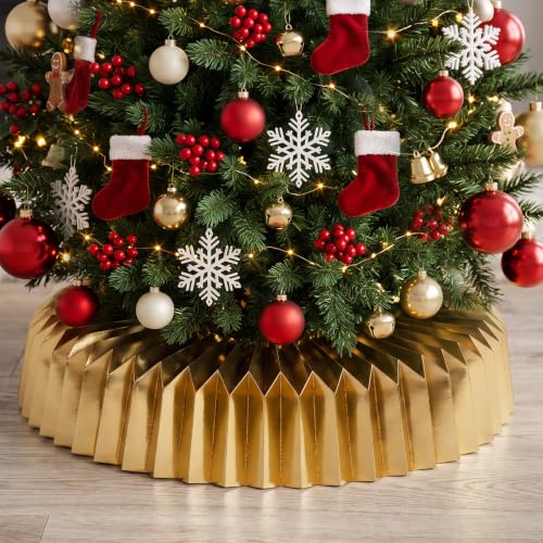 Foldable Paper Christmas Tree Collar - Honeycomb Xmas Tree Ring Basket, Gold, 23-26 Inch Diameter