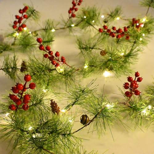 Christmas Garlands Lights 9.84FT Smokey Pine with Red Berries & Bells - Battery Operated