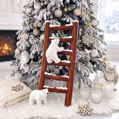 Polar Bear Christmas Staircase Decorations Set with Wooden Ladder and Plush Toys