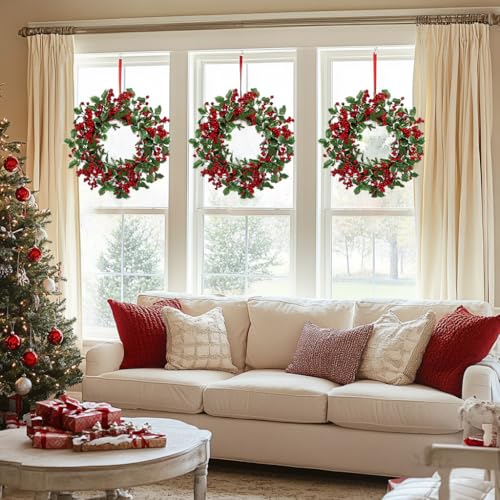 Artificial Christmas Wreath for Front Door, Real Touch Pine with Berry Clusters & Holly - Red & Green, 18 Inches