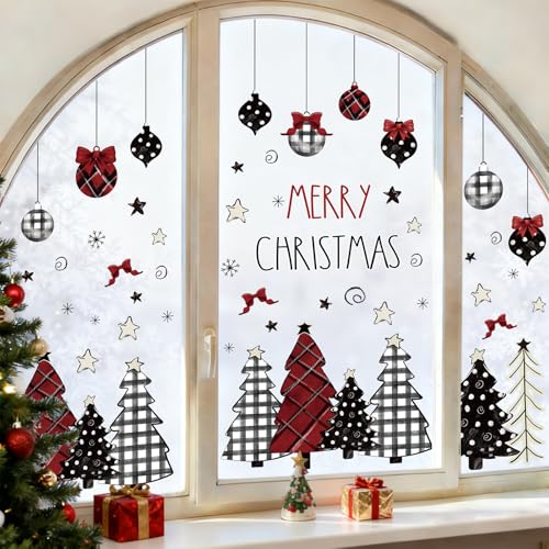 Merry Christmas Window Clings Set - Red Black Plaid Holiday Decor - 9 Sheets, 7.9 x 11.8 Inch - Double-Sided Christmas Stickers - Festive Home & Party Decorations - Variation of This Listing