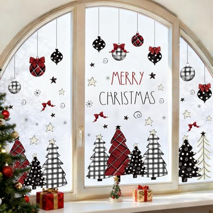 Merry Christmas Window Clings Set - Red Black Plaid Holiday Decor - 9 Sheets, 7.9 x 11.8 Inch - Double-Sided Christmas Stickers - Festive Home & Party Decorations - Variation of This Listing