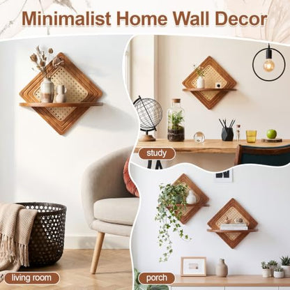 Quadrilateral Floating Shelf Set - Boho Rattan and Wood Wall Storage - Nature Variation