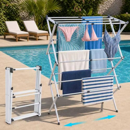 Outdoor Pool Towel Rack with Adjustable Telescopic Poles - Foldable & Portable