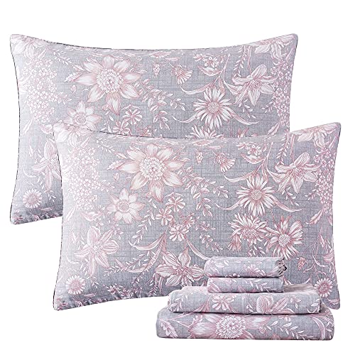 Gray Pink King Sheets Set - Floral 600TC Cotton Bedding with Deep Pockets