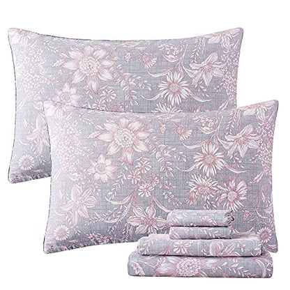 Gray Pink King Sheets Set - Floral 600TC Cotton Bedding with Deep Pockets