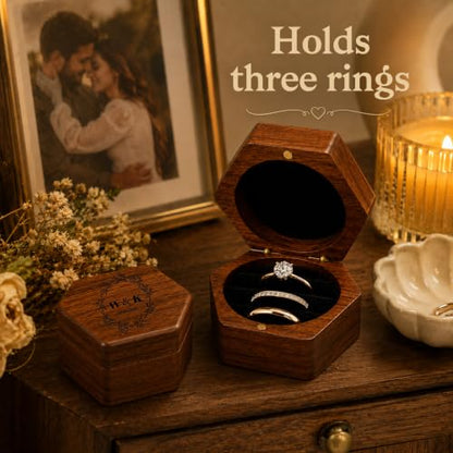 Wedding Day Ring Box with Custom Name & Date - Hexagon 3-Slot Design