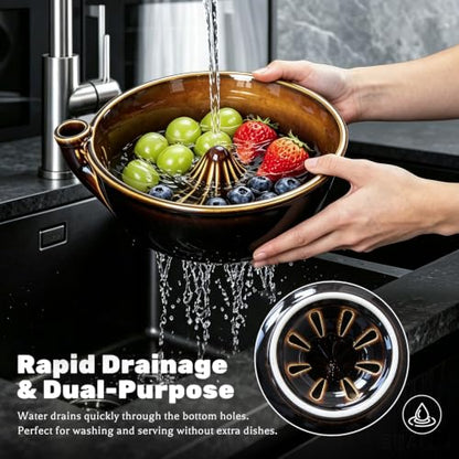 Ceramic Berry Washing Bowl with Auto-Spin Swirl Drainage - Rinse & Serve Fresh Fruits