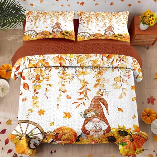Queen Fall Quilt Set with Gnome Pattern, 3 Pieces Bedding Comforter