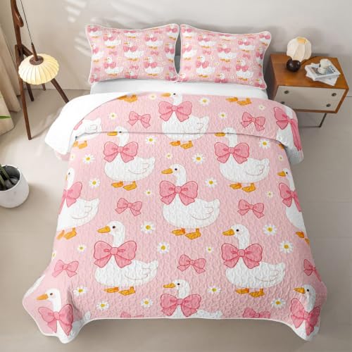 Pink White Yellow Goose Cartoon Quilt Set King Size Kids Bedspread with Pillowcases