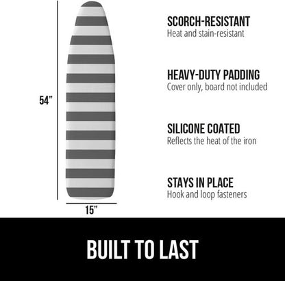 GORILLA GRIP The Original Ironing Board Cover and Pad, Silicone Coating, 400°F Scorch Resistant Thick Padding, Heavy Duty Iron Covers Standard Boards, Hook and Loop Fastener Strap, Striped 15x54