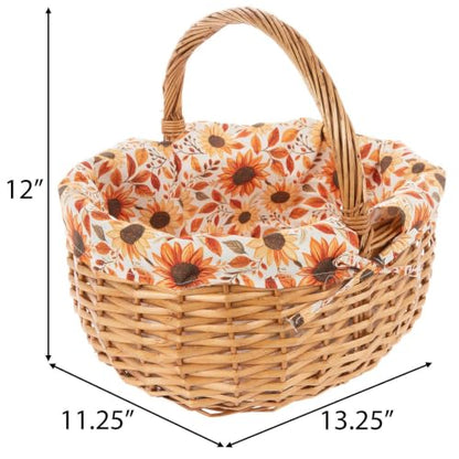 Fall Leaves and Flowers Willow Basket with Handle - Autumn Decor