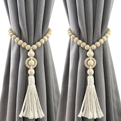 Wood Bead Magnetic Curtain Tiebacks Off White 2 Pack - Boho Farmhouse Decor