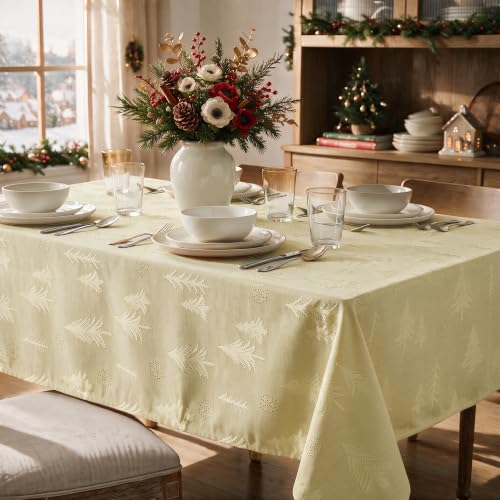 Cream Jacquard Tablecloth 60x84 Inches Rectangle Christmas Trees Snow Beige