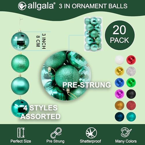 Large Christmas Ornament Balls - 20 Pack 3 Inch Shatterproof Decorations - Turquoise