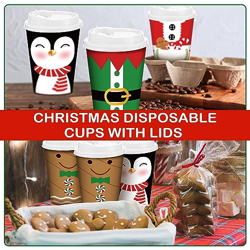 Christmas Paper Cups with Lids 12 oz - Cute Style, 100 Pack