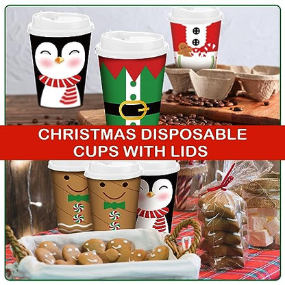 Christmas Paper Cups with Lids 12 oz - Cute Style, 100 Pack
