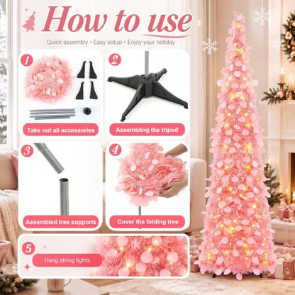 Pink Collapsible Christmas Tree with LED Lights - 5 ft, 2 Pack