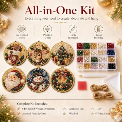 Christmas Pearl Art Ornaments Kit with Beads Gems & Twine - Color 1