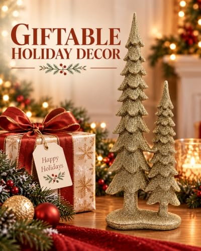 Set of 2 Gold Resin Christmas Tree Decorations - 12.75 Inch Holiday Figurines