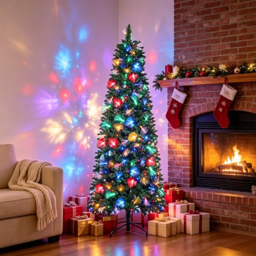 6 FT Pre-Lit Christmas Tree with Fiber Optic Lights, 245 LED Indoor Outdoor