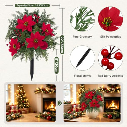 Artificial Poinsettia Stake with Pine Berries - Red & Green 2 Pack for Christmas Decor