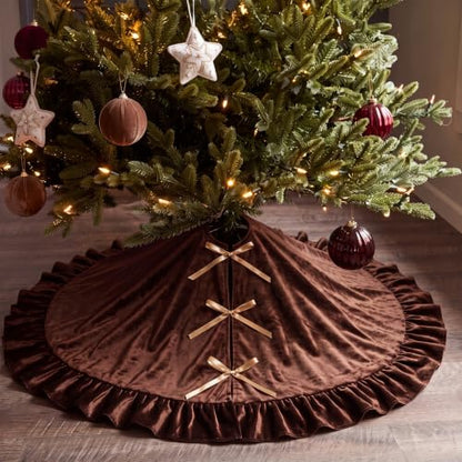 Velvet Christmas Tree Skirt 36 Inches Bow Style Brown - Holiday Decor