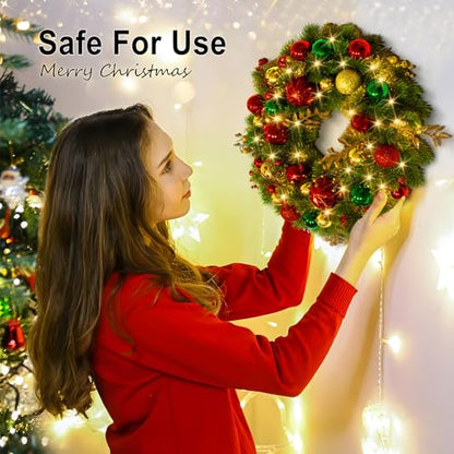 Christmas Door Wreath with LED Lights - Red Gold Green 16 Inch Holiday Decor