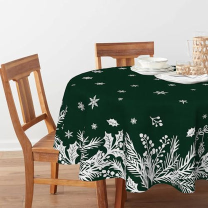 Christmas Round Tablecloth 70 x 70 Inch Floral Leaf Green - Holiday Decor