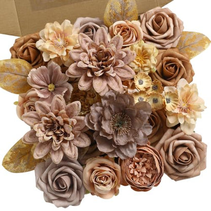 Fall Artificial Flowers Combo Set - Nude Brown Silk & Foam Blooms with Ribbons & Stems - Variation of THIS listing