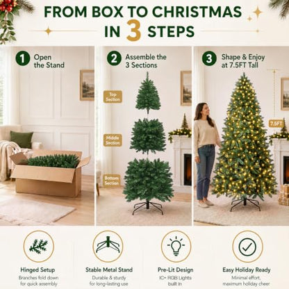 7.5FT Pre-Lit Artificial Christmas Tree with RGB LEDs - Green, Remote Control