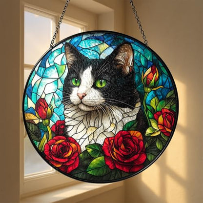 Black and White Cat Stained Glass Panel - Artistic Window Decor for Cat Lovers