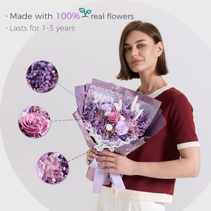 Purple Preserved Flower Bouquet with Real Roses & Hydrangeas - Long Lasting Gift for Weddings, Birthdays, Valentine's, Mother's Day