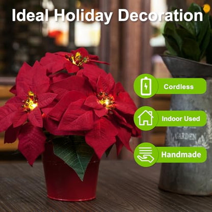 Velvet Red Artificial Poinsettia Flowers for Holiday Decor - 10 Inch LED Lighted Set