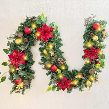 Pre-Lit 6ft Red Gold Christmas Garland with 30 LED Timer Lights - Holiday Decor Variation 03-Red Gold
