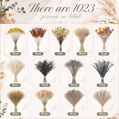 1023 Pcs Dried Flowers Pampas Grass Bundle Natural Preserved Botanicals