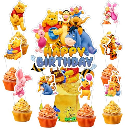 Winnie Cake Decorations Set with Topper and Cupcake Toppers for Birthday Party