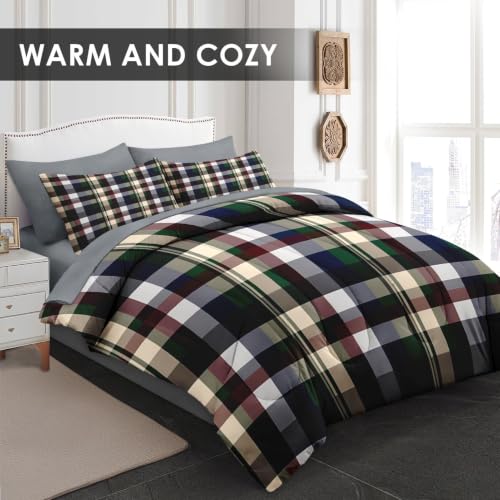 Twin Size Tartan Plaid Comforter Set with Sheets - WeCozy 7-Piece Bedding