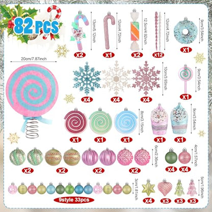 Pastel Christmas Tree Ornaments Set with Candyland Decorations - 82 Pieces